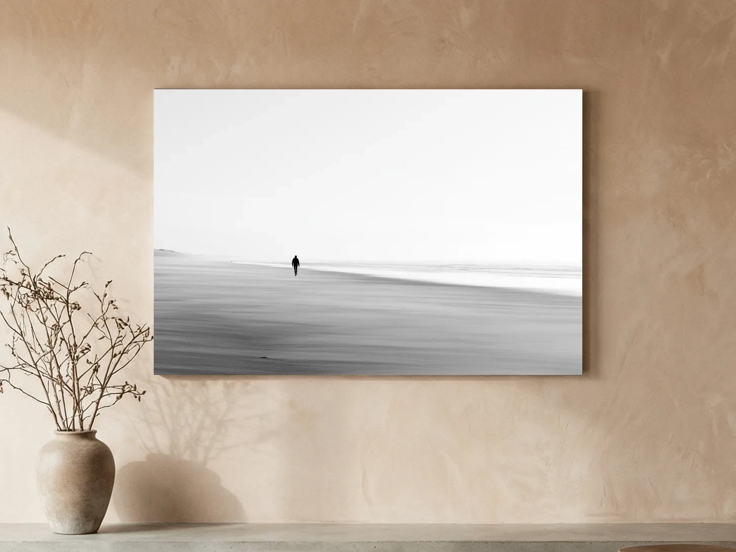 Misty Solitary Figure Beach Painting - Minimalist Shore Wall Art