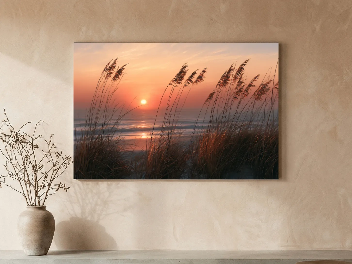 Boho Coastal Dune Grass Sunset - Soft Chalk Drawing Wall Art