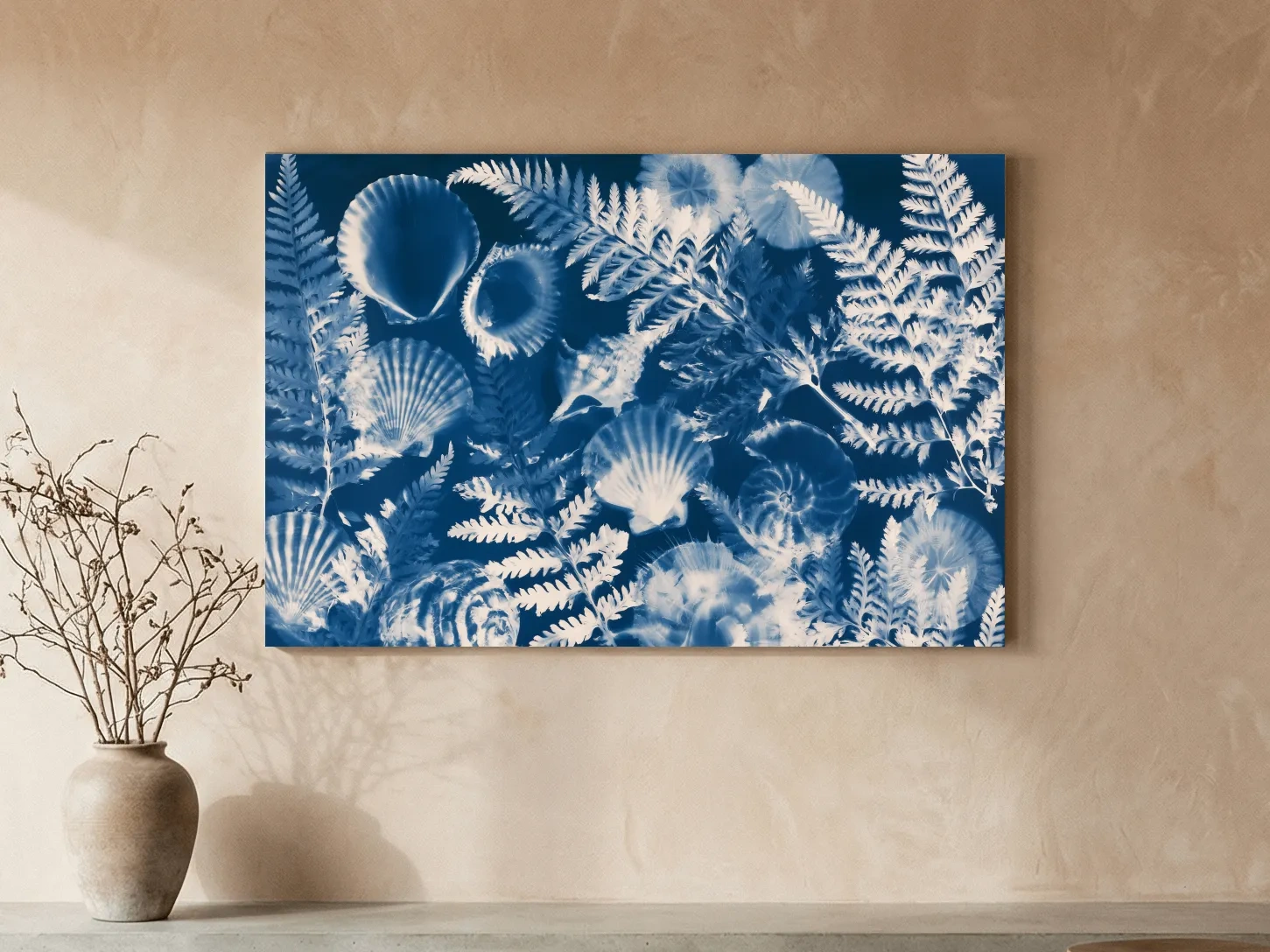 Cyanotype Seashell And Fern Illustration - Hamptons Tropical Wall Art
