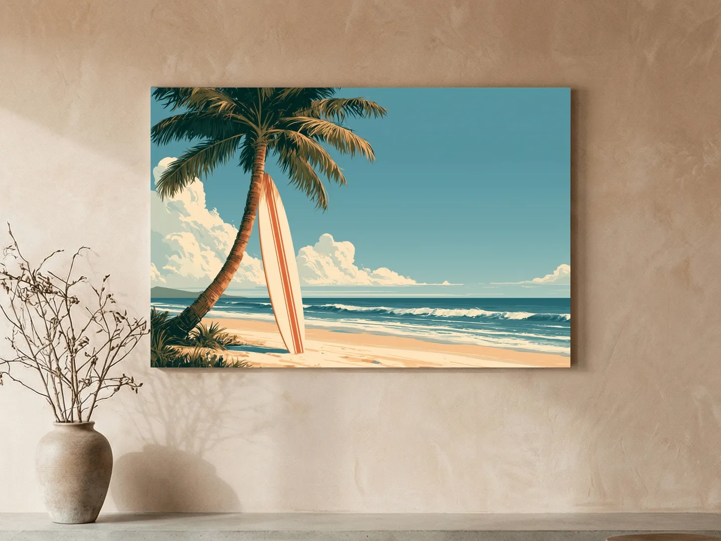 Vintage Tropical Surfboard Beach - Retro Coastal Wall Art