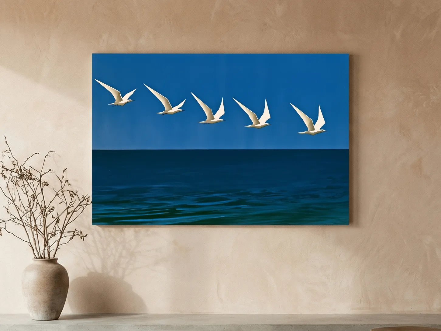 Mid-Century Seagull Flight - Minimalist Ocean Illustration Wall Art
