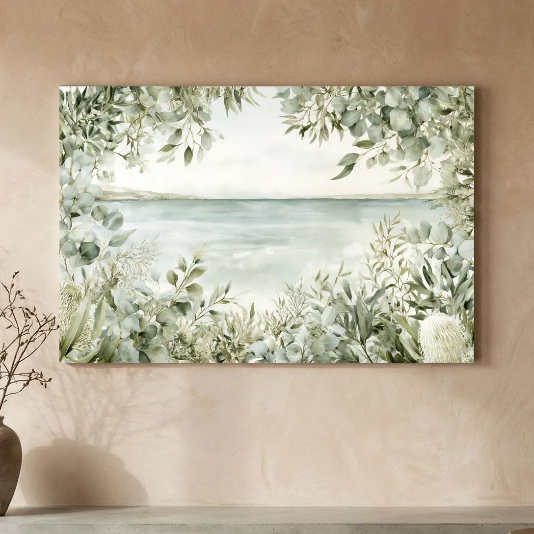 Coastal Eucalyptus Botanical Illustration - Serene Beach Wall Art