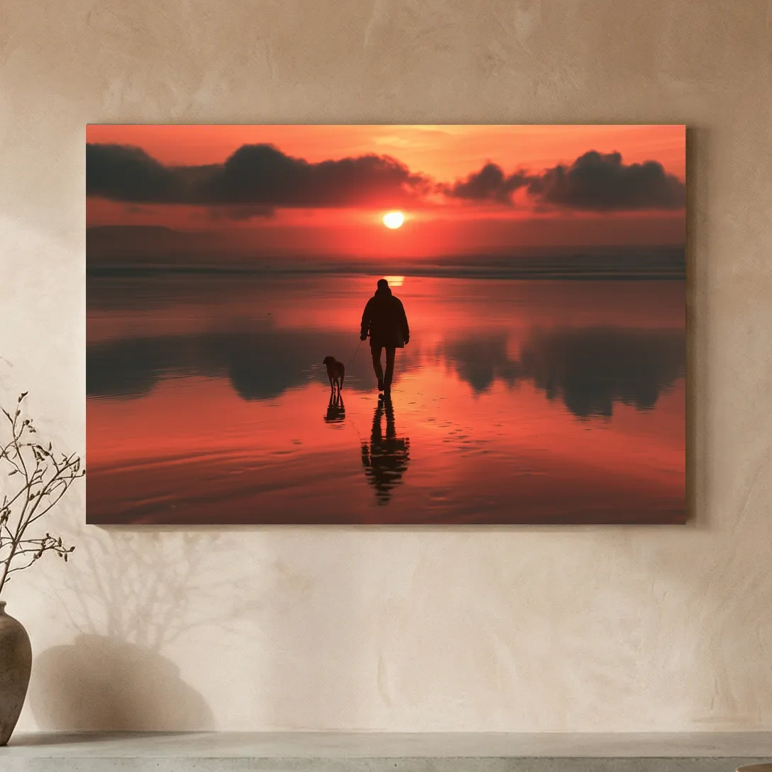 Surreal Dog Walker Silhouette - Misty Beach Sunset Photographic Wall Art