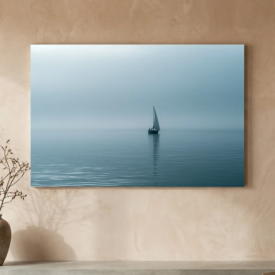 Misty Sailboat Horizon - Minimalist Photographic Ocean Wall Art