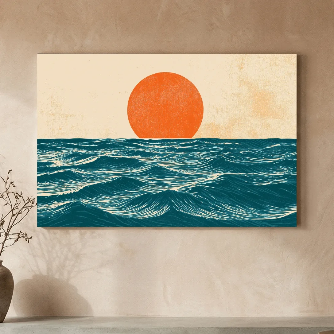 Mid-Century Ocean Sunrise Illustration - Minimalist Wave Wall Art