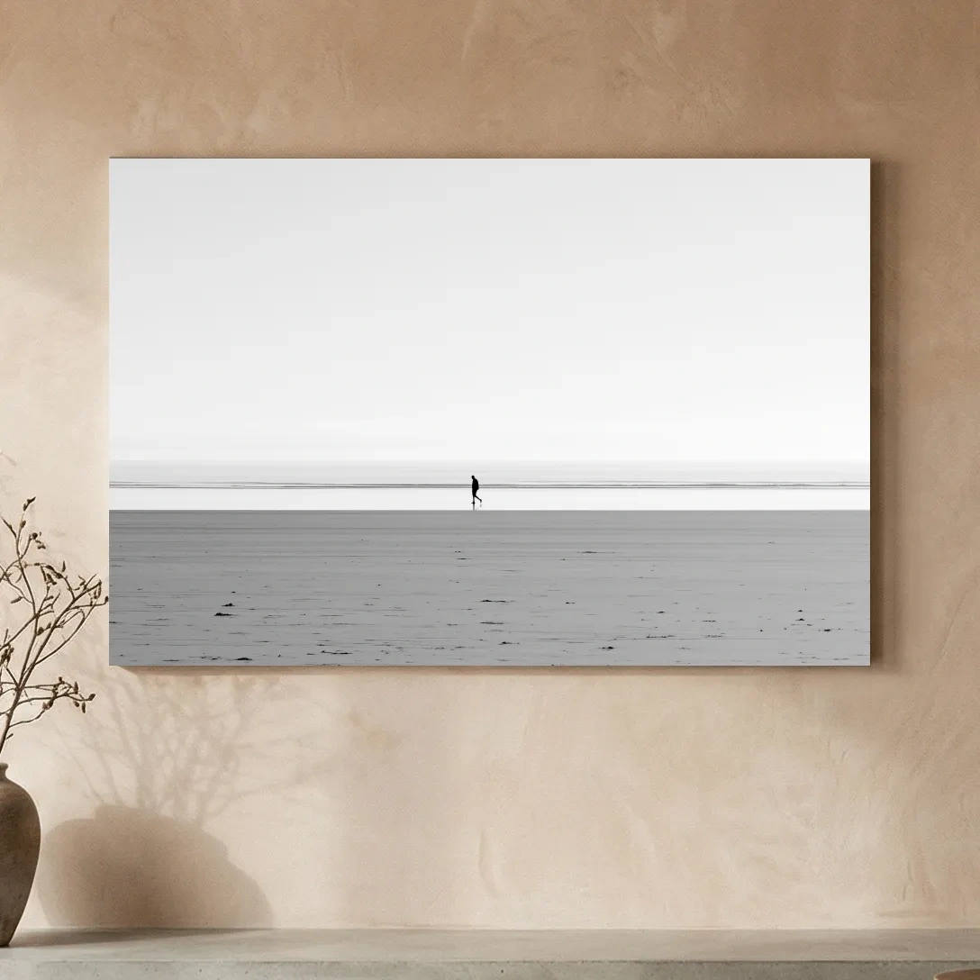 Misty Solitary Beach Walker - Minimalist Painting Wall Art