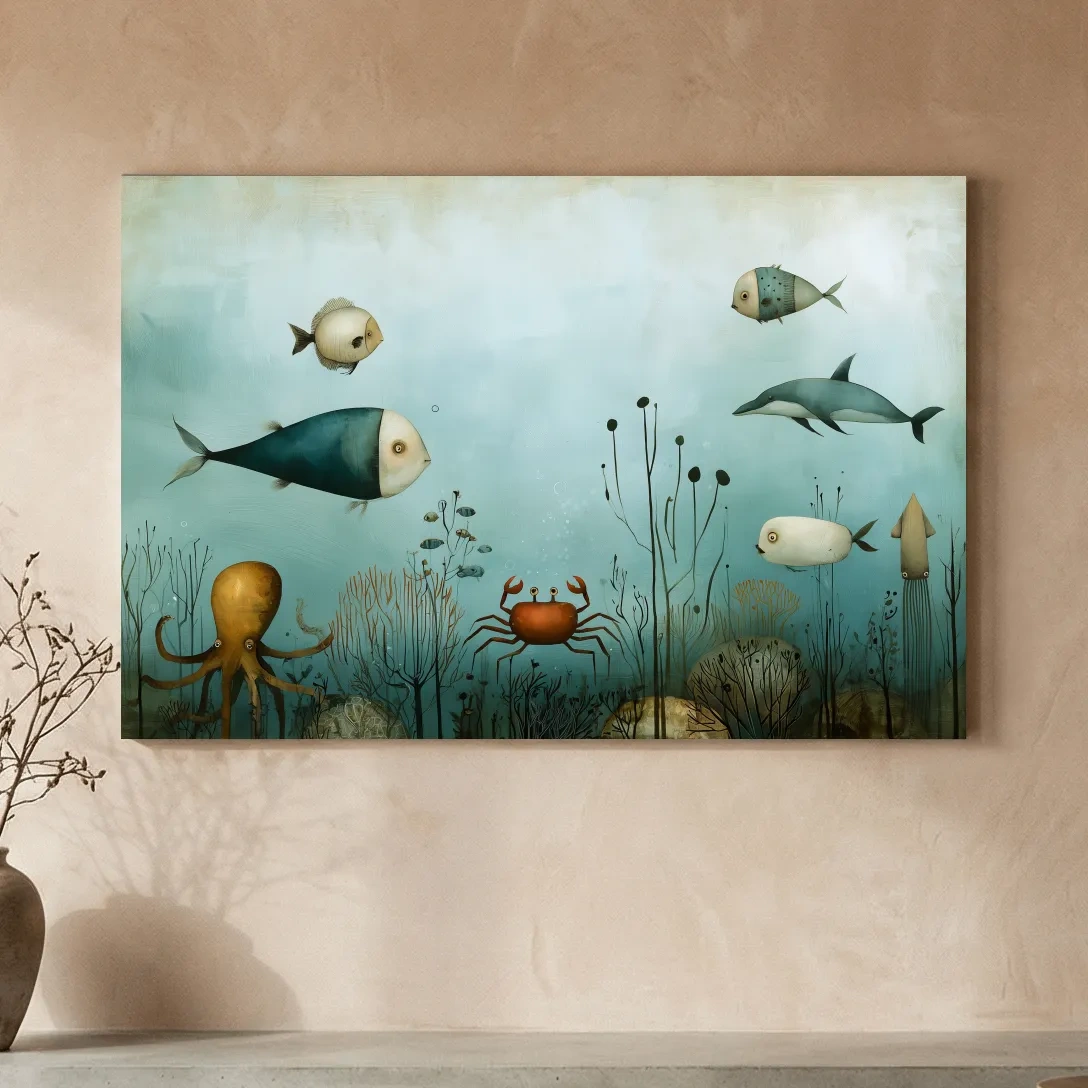 Whimsical Underwater Marine Life Painting - Fish Dolphin Octopus Crab Wall Art
