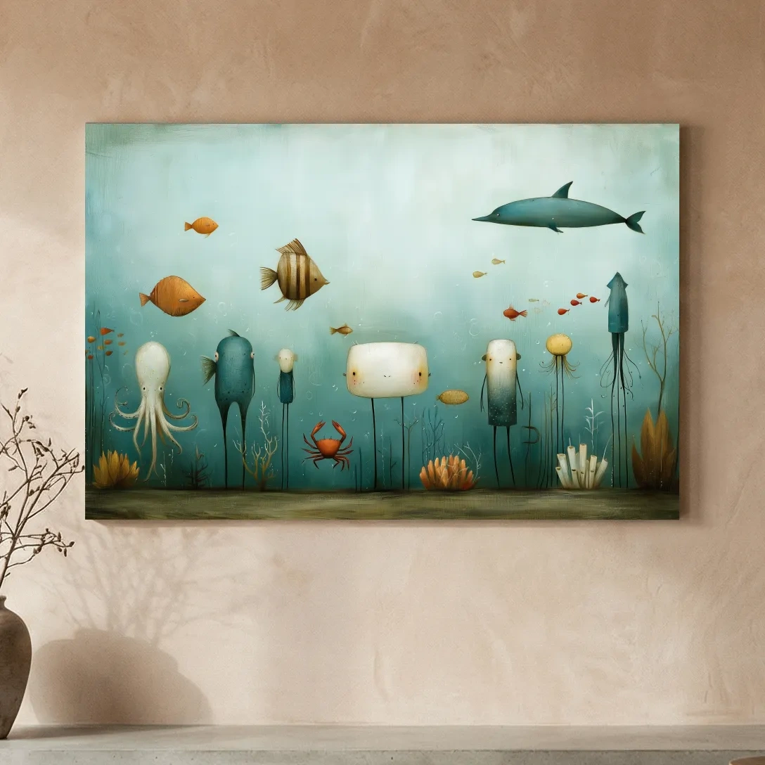 Whimsical Underwater Marine Life Painting - Quirky Folk Art