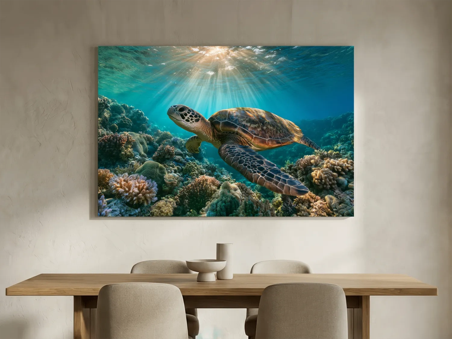 Sunlit Sea Turtle Coral Reef - Underwater Marine Life Photographic Artwork