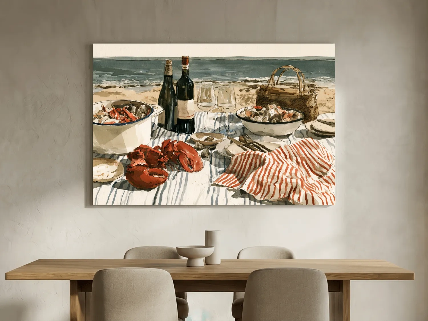 Watercolor Lobster Beach Picnic - Coastal Dining Wall Art