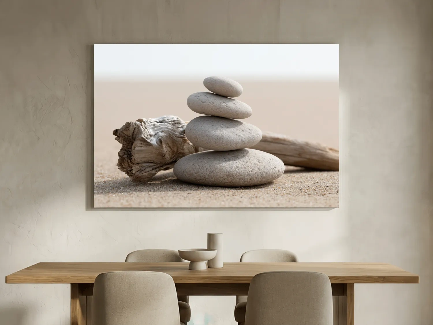 Balanced Pebble Cairn With Driftwood - Minimalist Beach Photographic Wall Art
