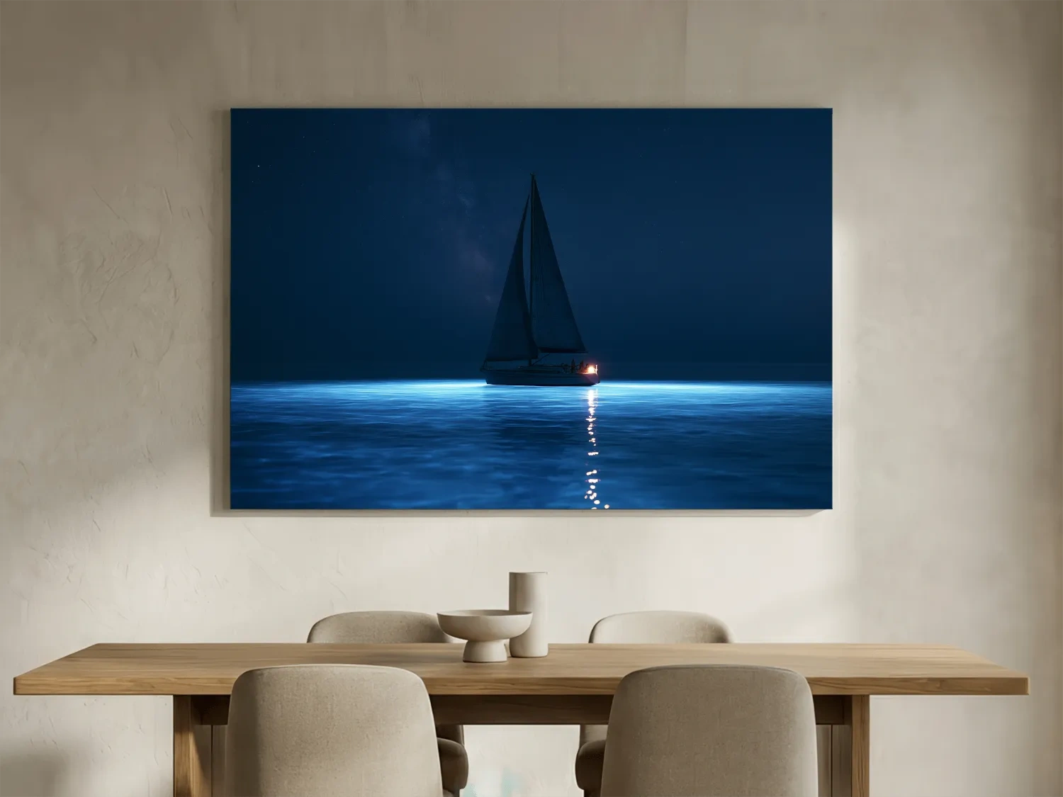 Moonlit Sailboat Silhouette - Surreal Photographic Ocean Wall Art