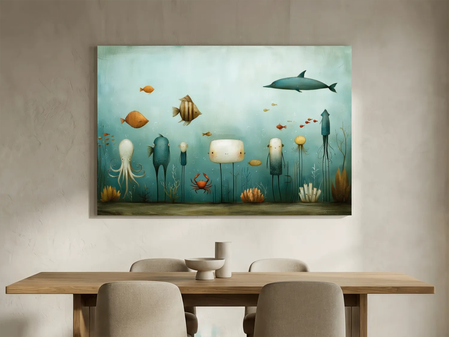 Whimsical Underwater Marine Life Painting - Quirky Folk Art