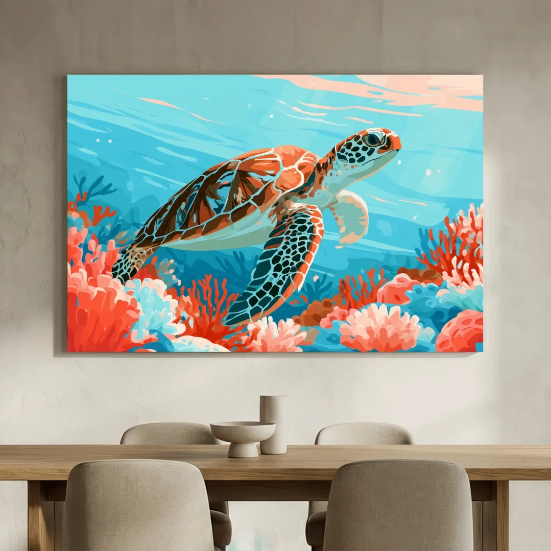 Mid-Century Sea Turtle Reef Illustration - Minimalist Marine Life Wall Art