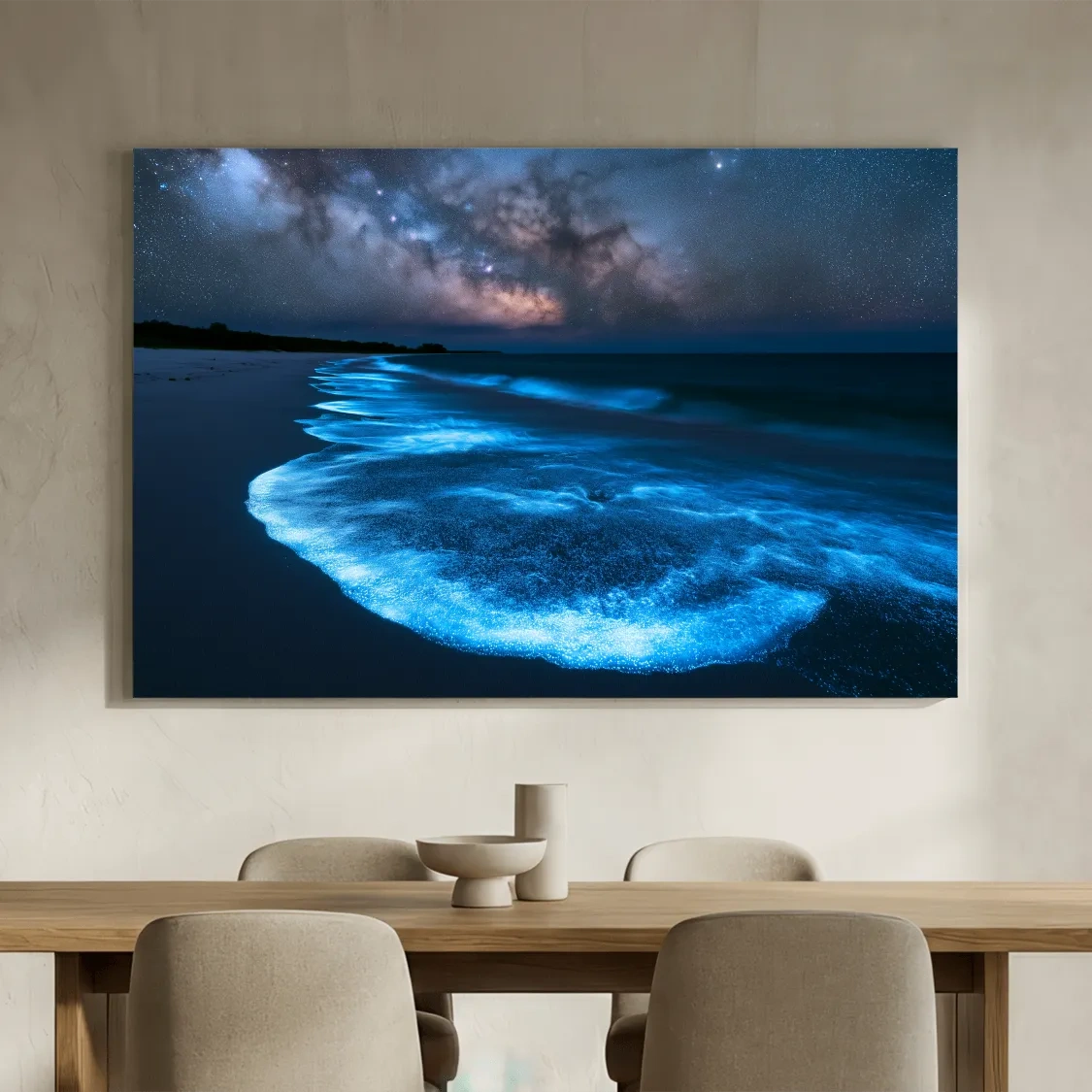Misty Bioluminescent Beach Nightscape - Surreal Photographic Wall Art