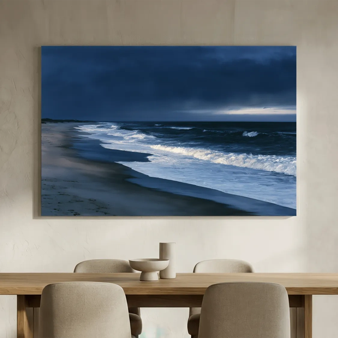 Misty Hamptons Beach Waves - Moody Ocean Painting Wall Art