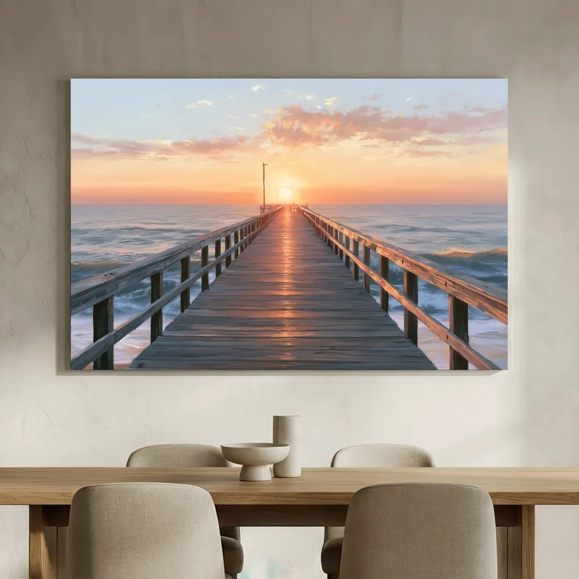 Nostalgic Pier at Golden Hour - Ocean Painting Wall Art