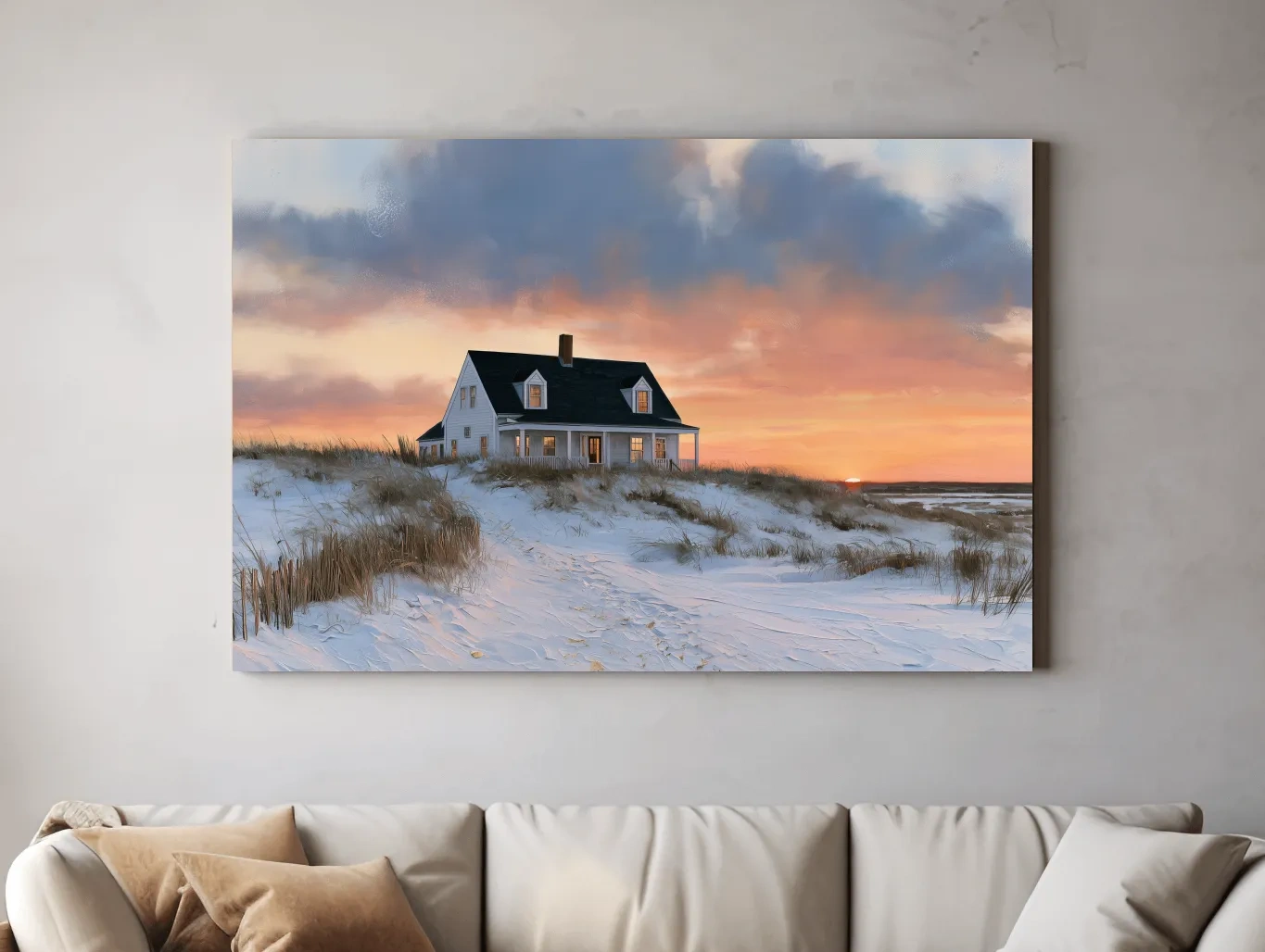 Beach House Sunset Dunes - Coastal Landscape Painting Wall Art