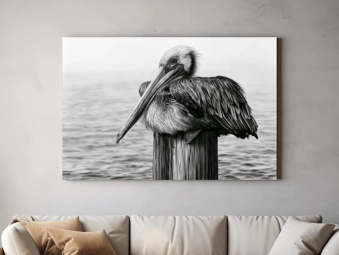 Solitary Pelican Charcoal Drawing - Monochrome Marine Life Wall Art
