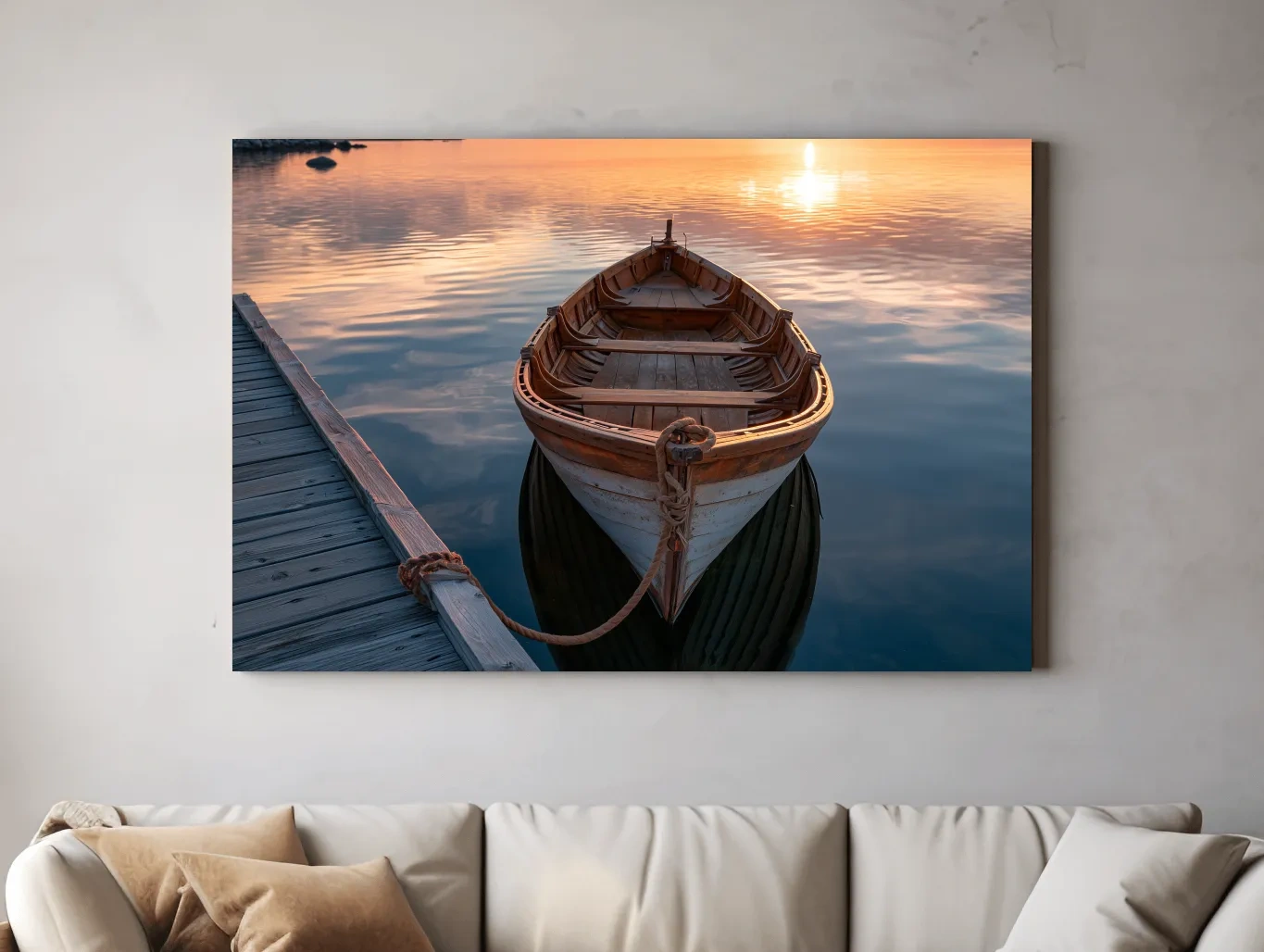 Vintage Wooden Rowboat at Golden Sunrise - Photographic Nautical Wall Art