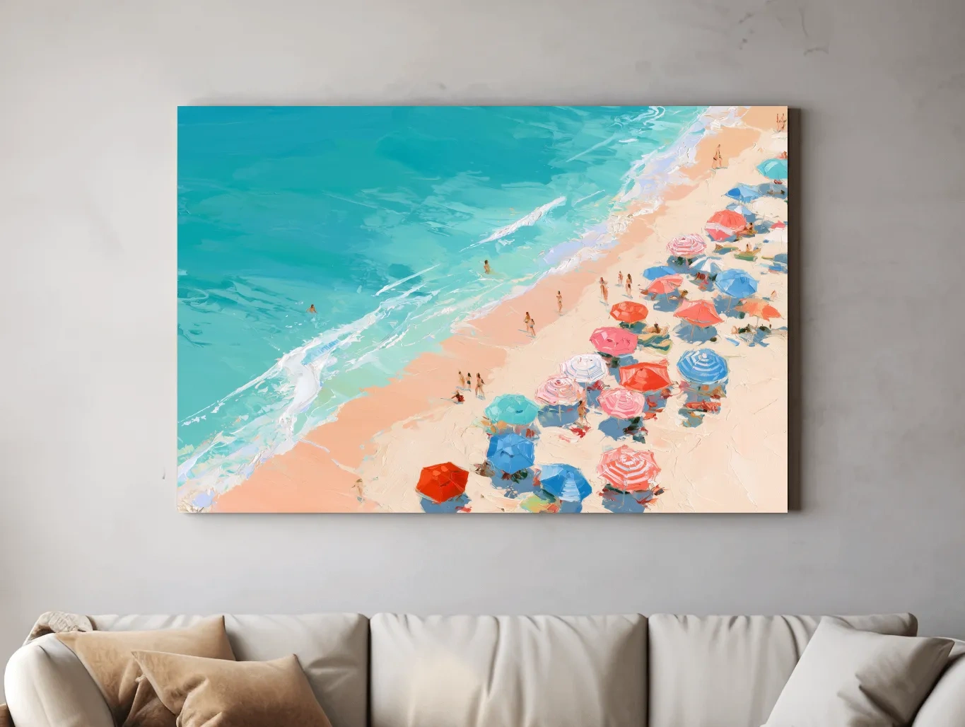 Aerial Caribbean Beach Umbrellas - Lively Ocean Painting Wall Art