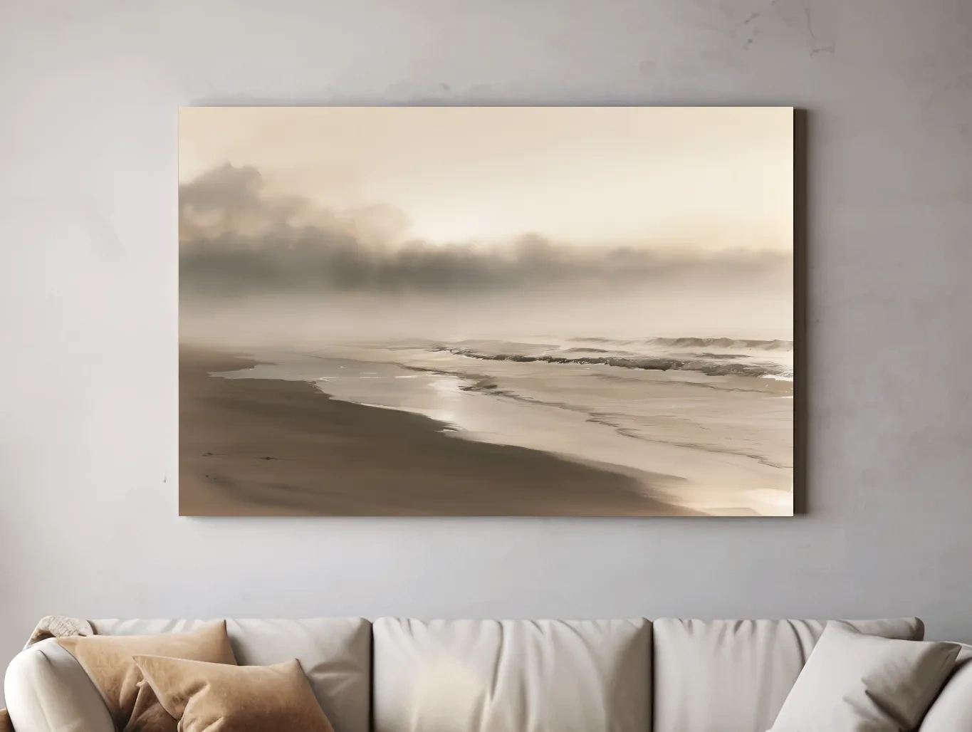Misty Morning Beach Watercolour - Minimalist Boho Landscape Art