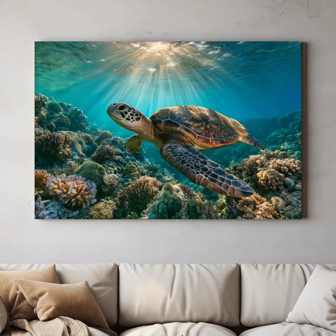 Sunlit Sea Turtle Coral Reef - Underwater Marine Life Photographic Artwork