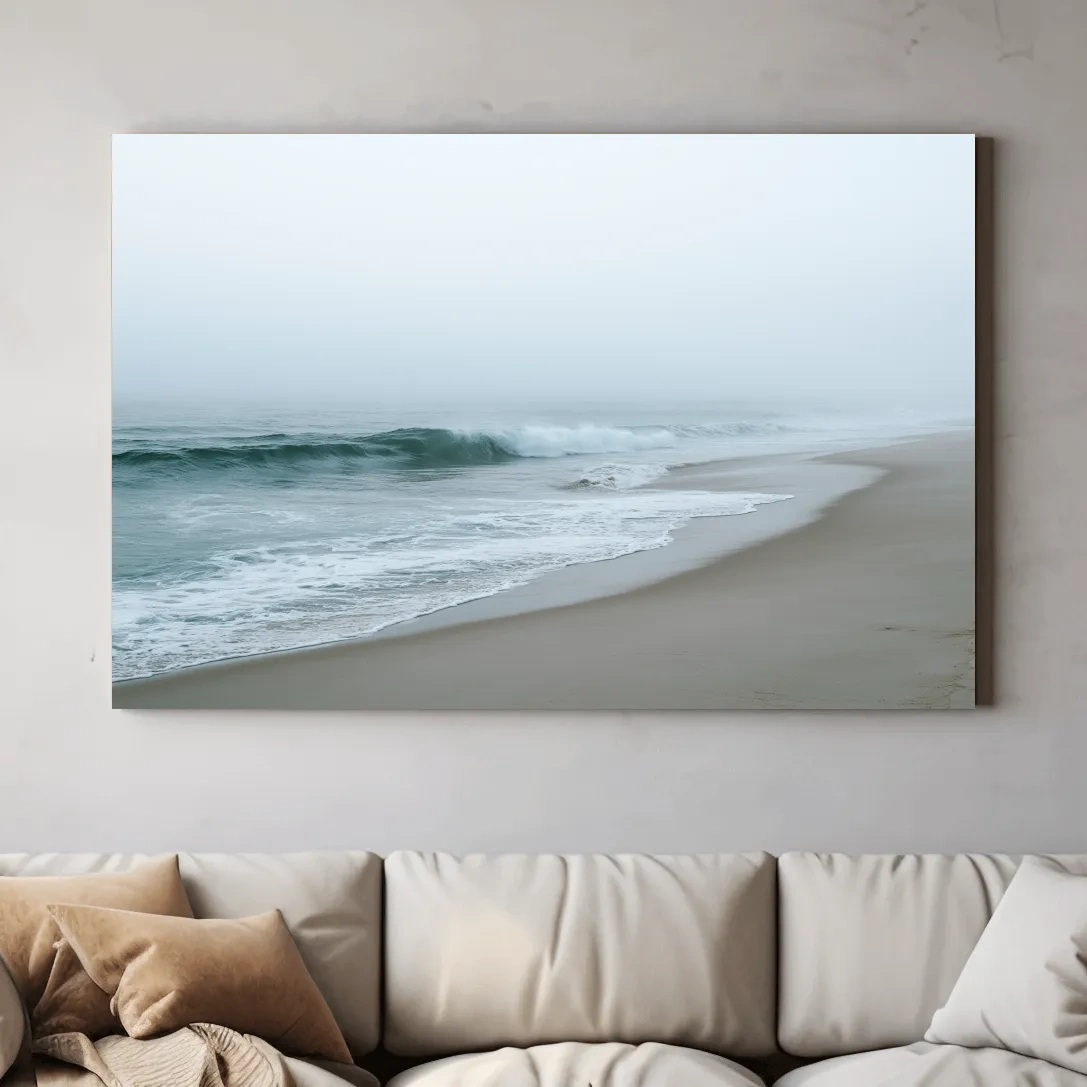 Misty Beach Waves - Minimalist Photographic Wall Art