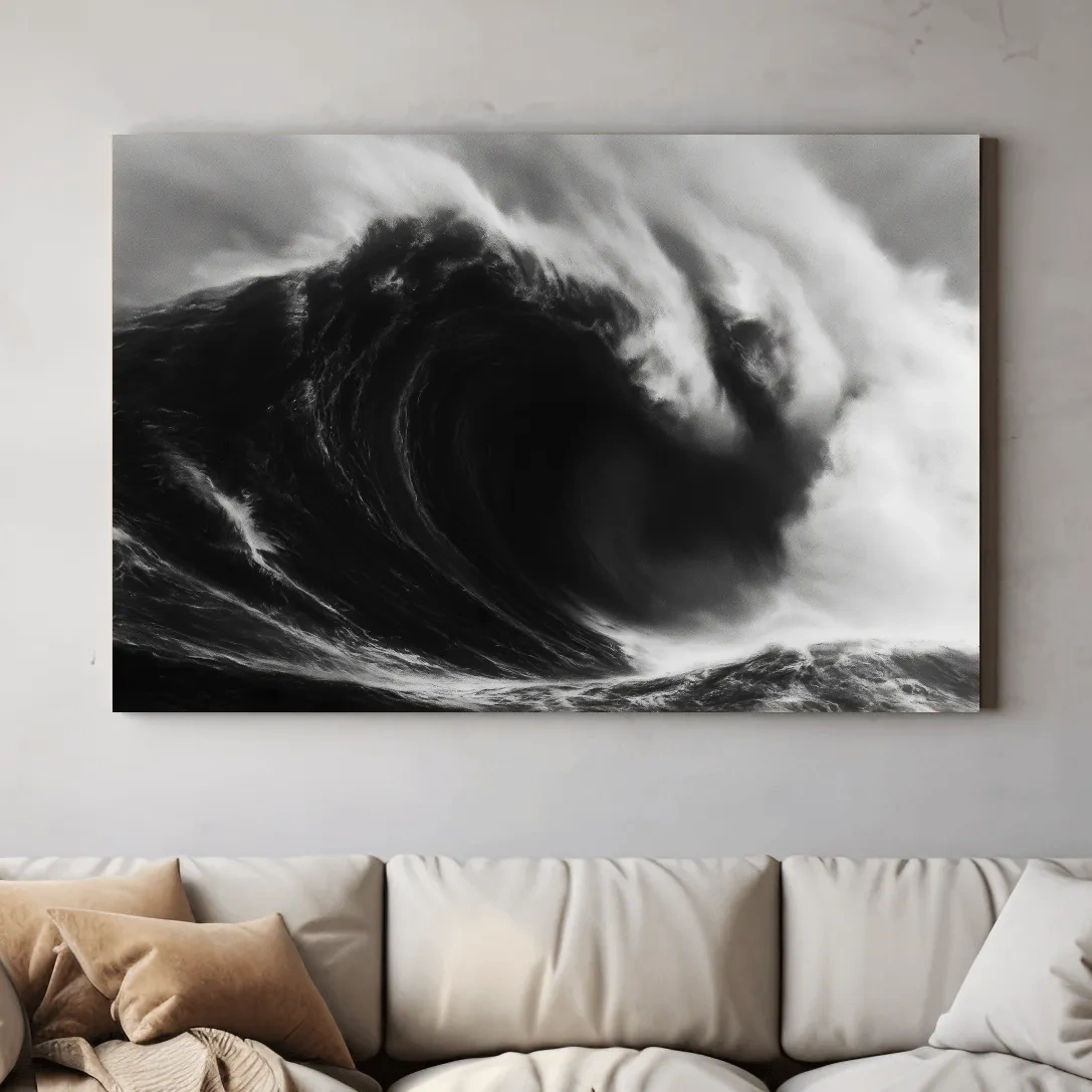 Abstract Monochrome Crashing Wave Drawing - Dramatic Ocean Wall Art