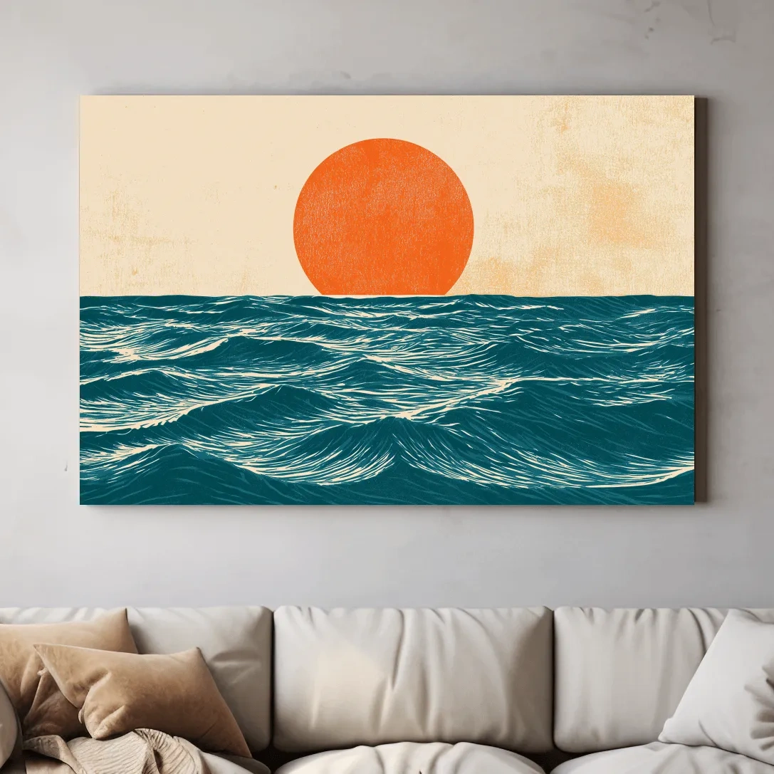 Mid-Century Ocean Sunrise Illustration - Minimalist Wave Wall Art