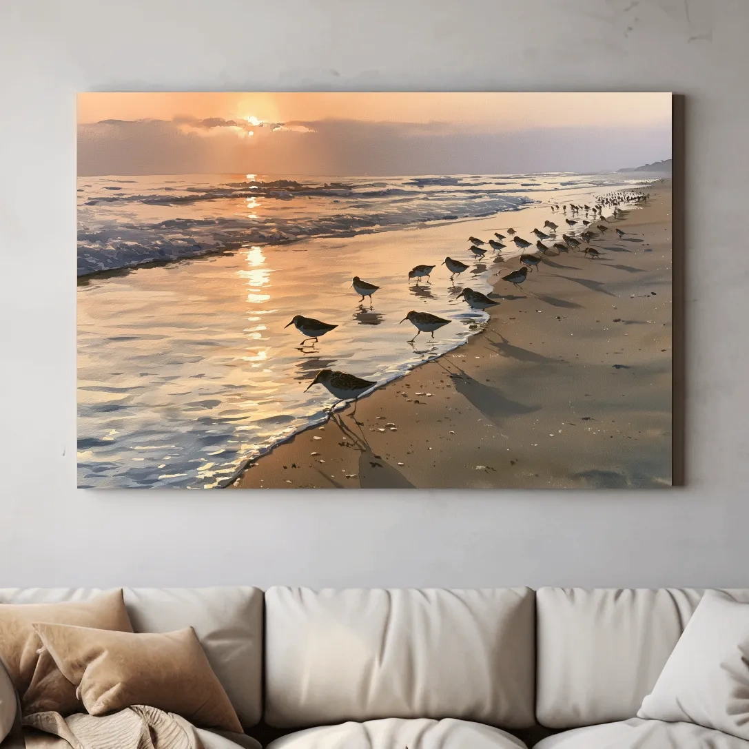 Golden Sunset Shorebirds Painting - Serene Coastal Wall Art