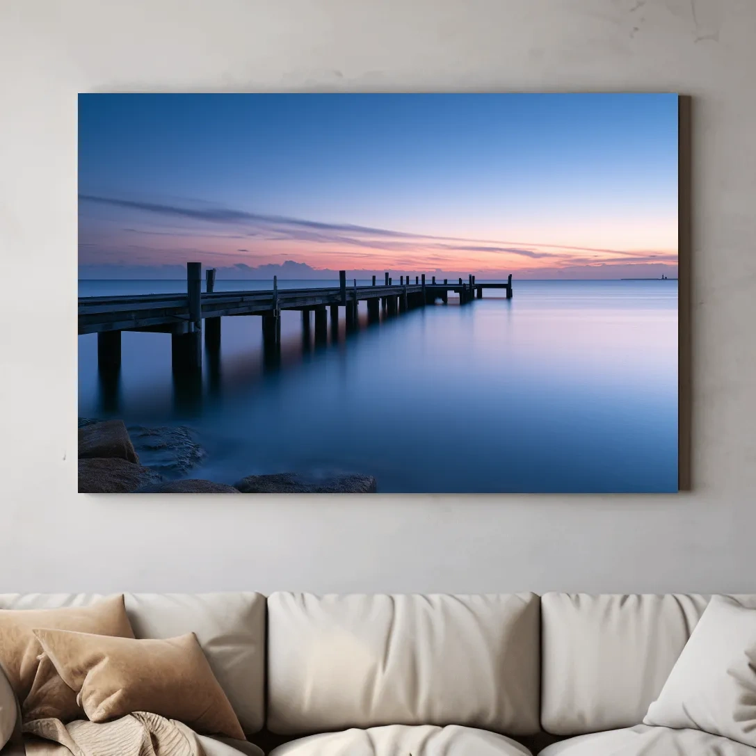 Misty Coastal Pier at Twilight - Long Exposure Photographic Wall Art