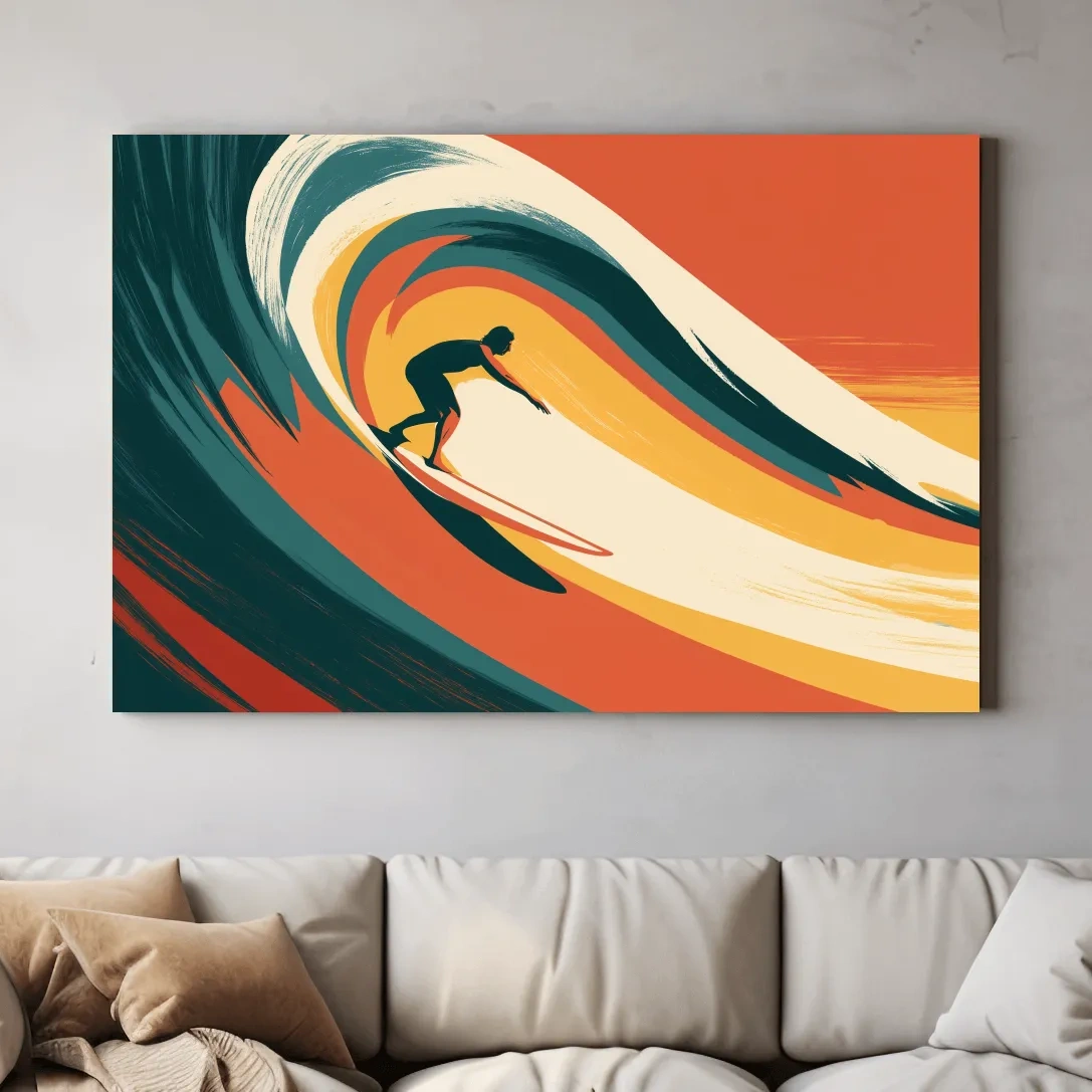 Mid-Century Surfer Riding Wave - Retro Vector Ocean Wall Art