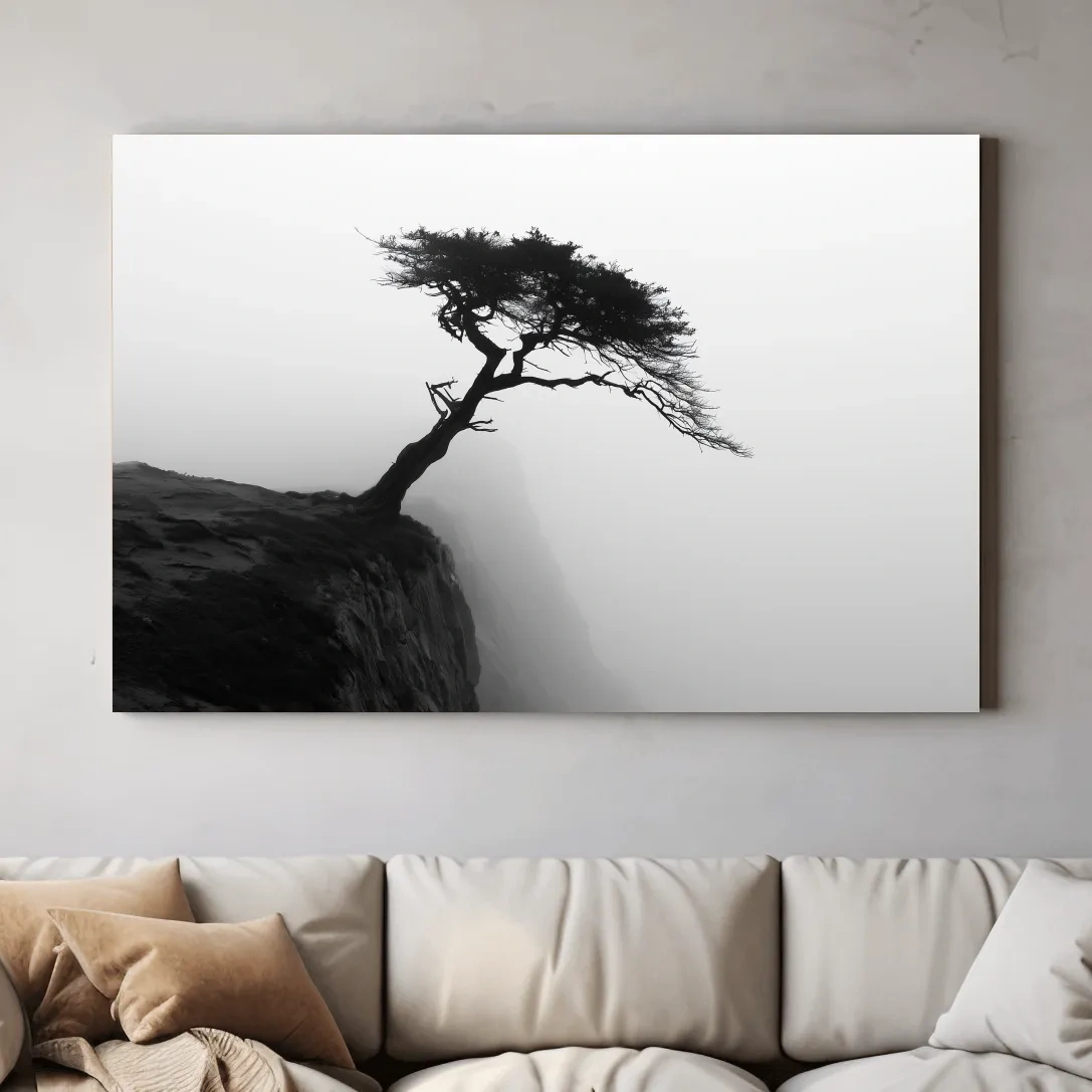 Misty Coastal Cypress Silhouette - Minimalist Photographic Wall Art