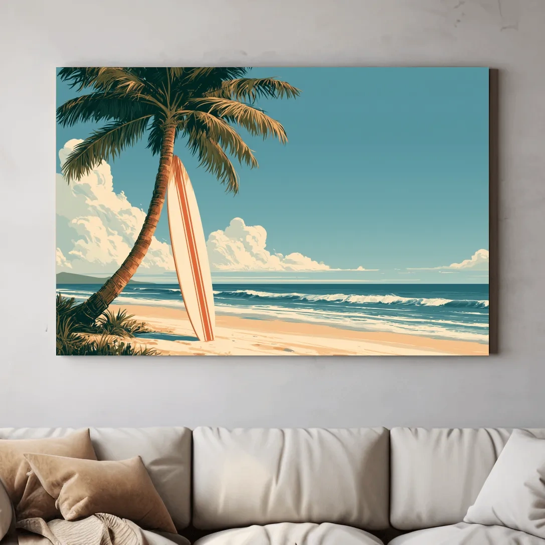 Vintage Tropical Surfboard Beach - Retro Coastal Wall Art