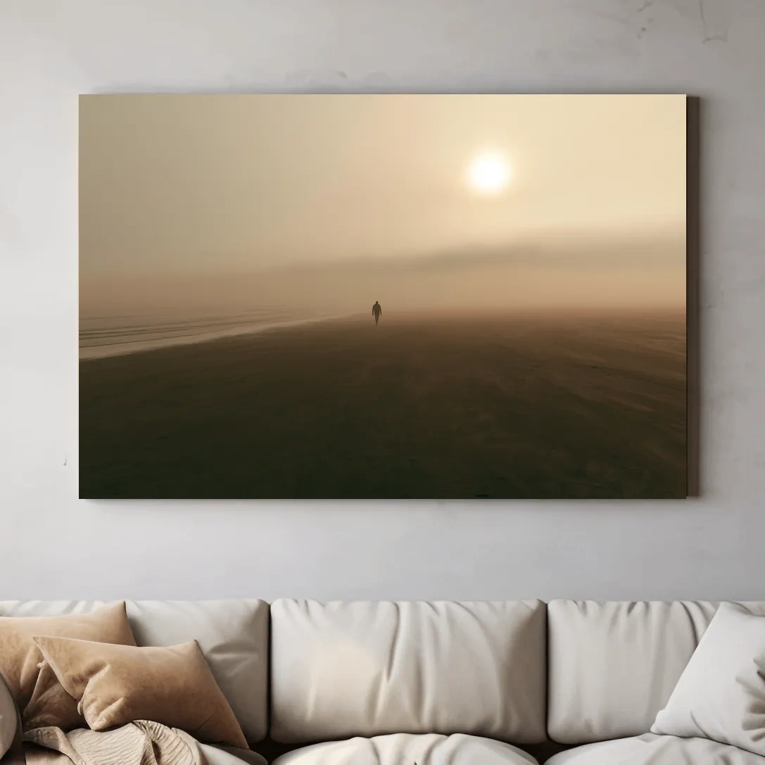 Misty Solitary Beach Walker - Minimalist Photographic Wall Art