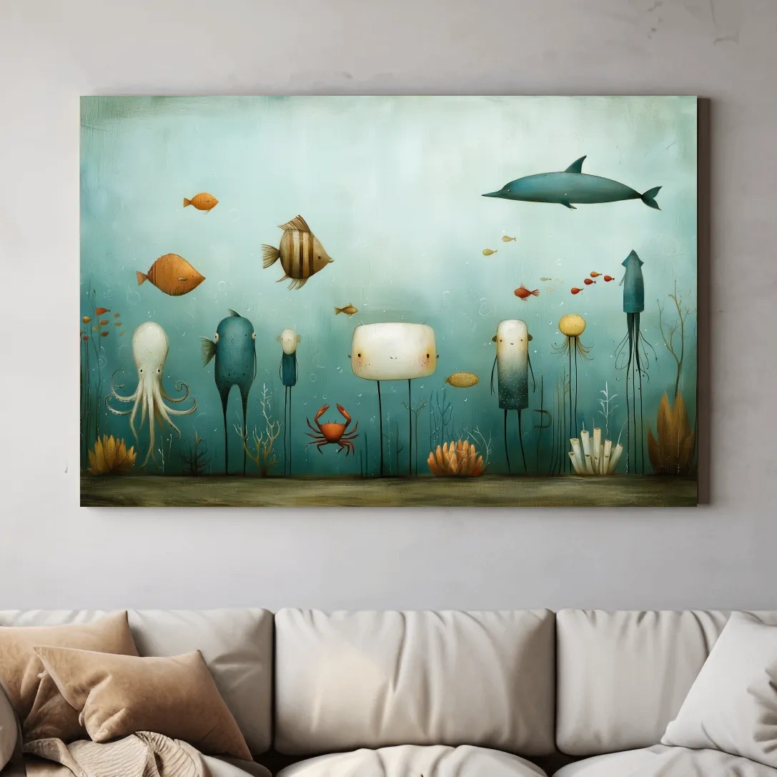 Whimsical Underwater Marine Life Painting - Quirky Folk Art