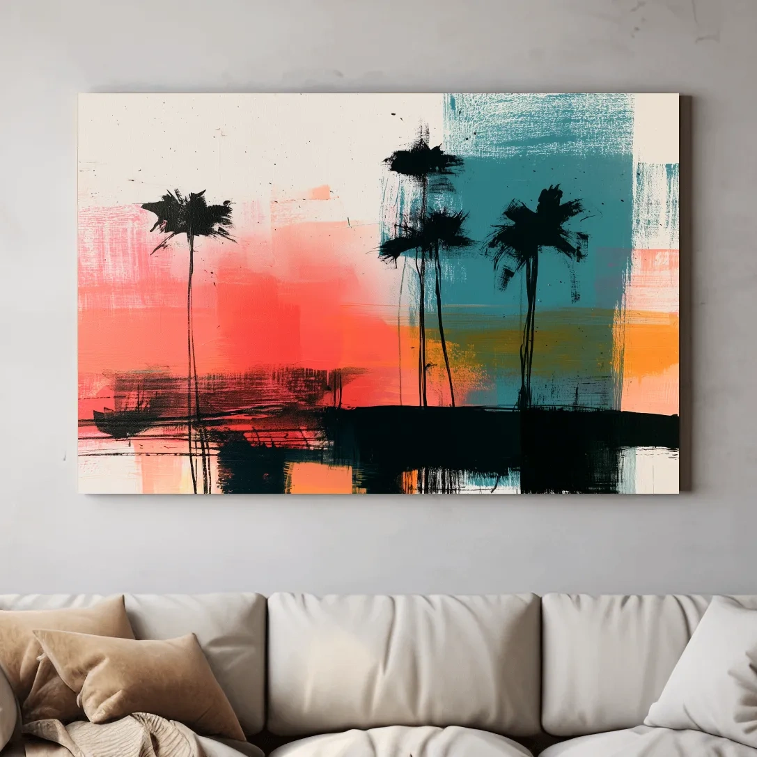 Abstract Tropical Palm Silhouette Painting - Modern Sunset Wall Art