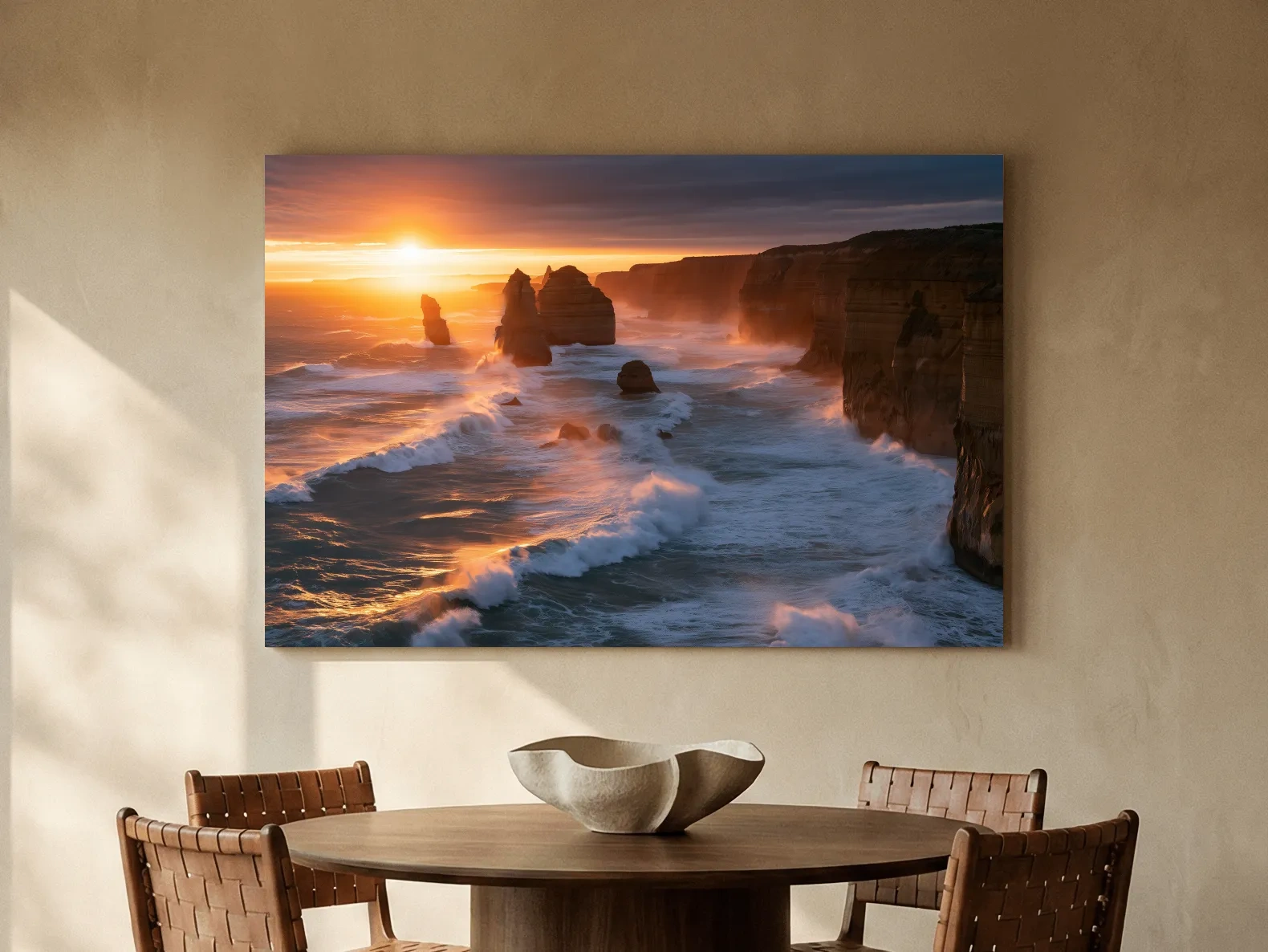 Golden Sunset Sea Stacks - Dramatic Coastal Cliff Photographic Wall Art