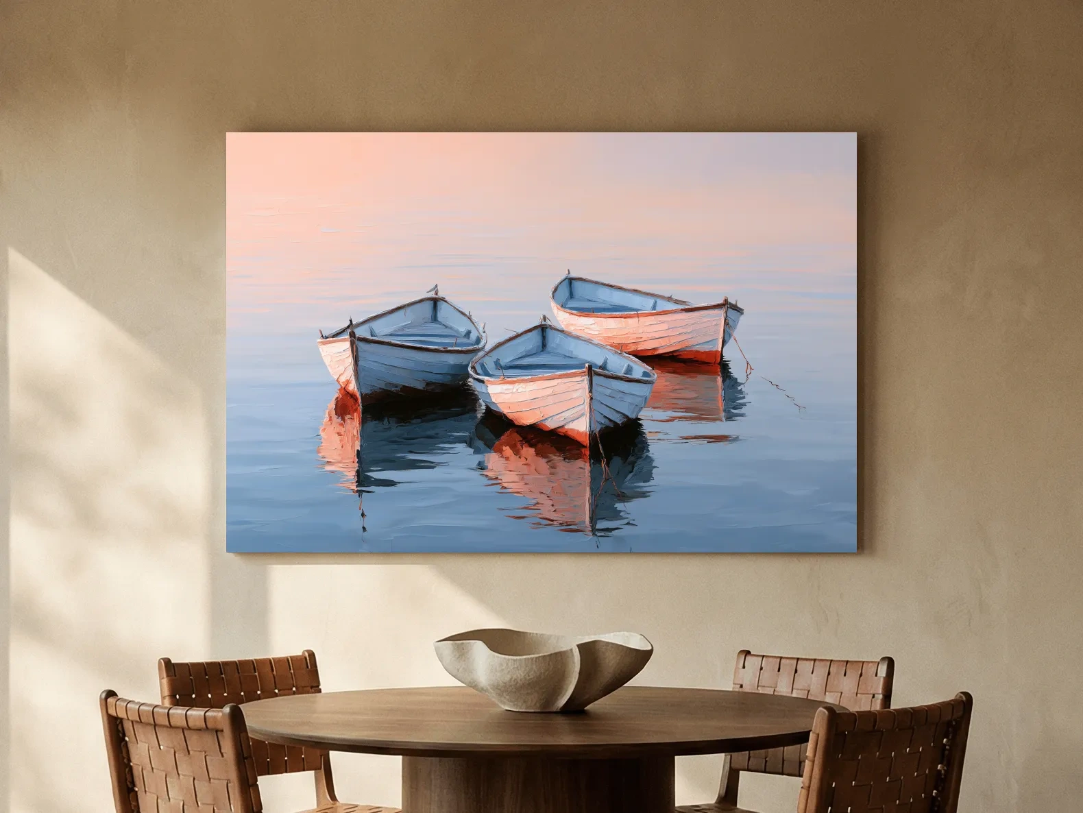 Three Rowboats on Still Water - Impasto Style Nautical Painting Art