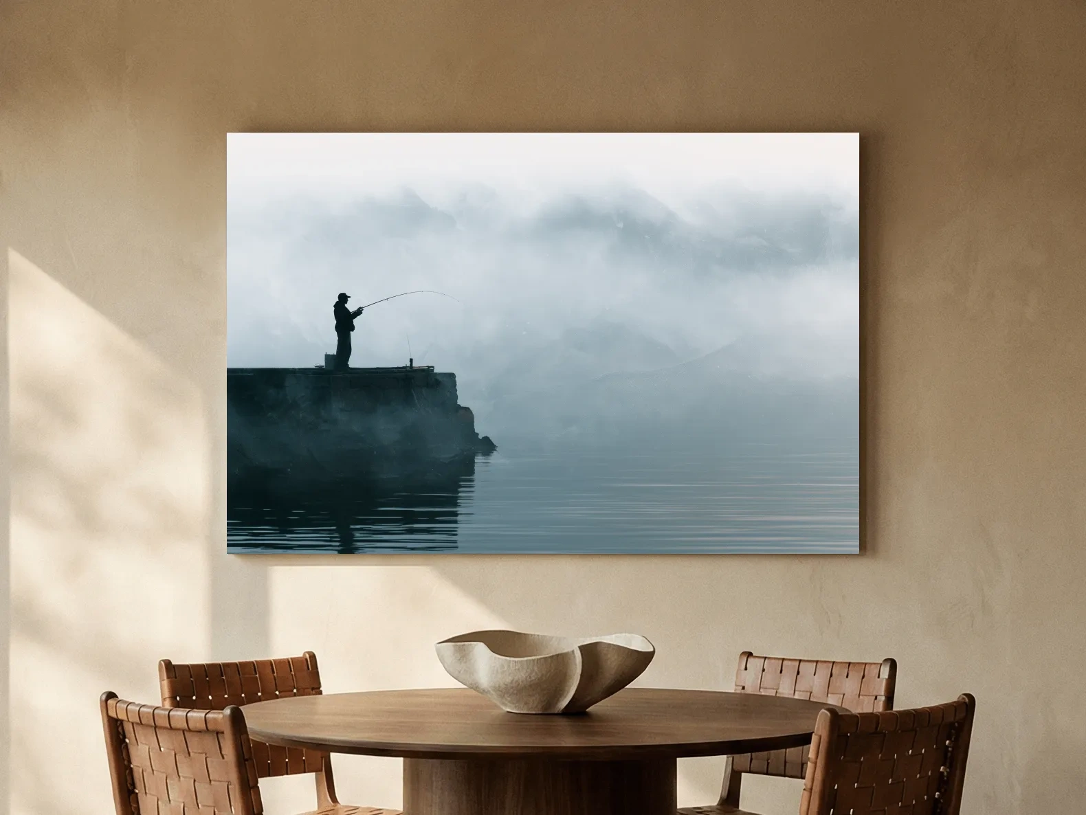 Misty Fisherman Silhouette - Minimalist Photographic Wall Art