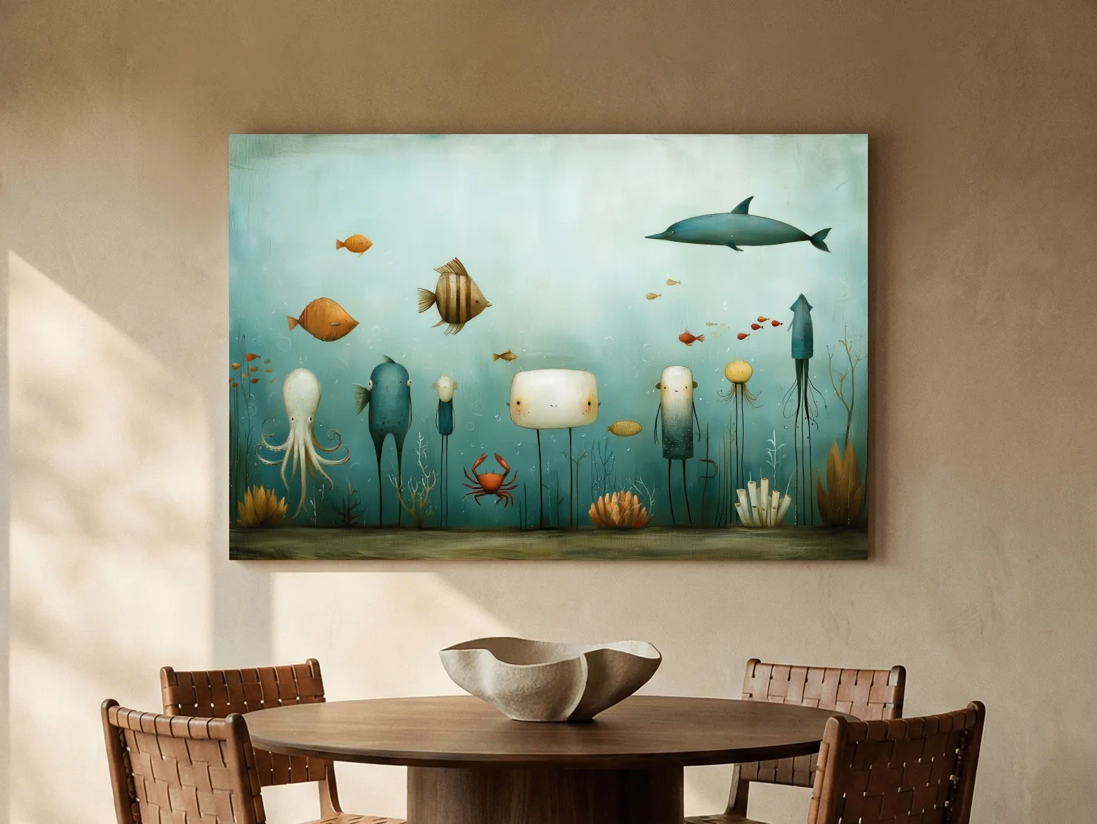 Whimsical Underwater Marine Life Painting - Quirky Folk Art