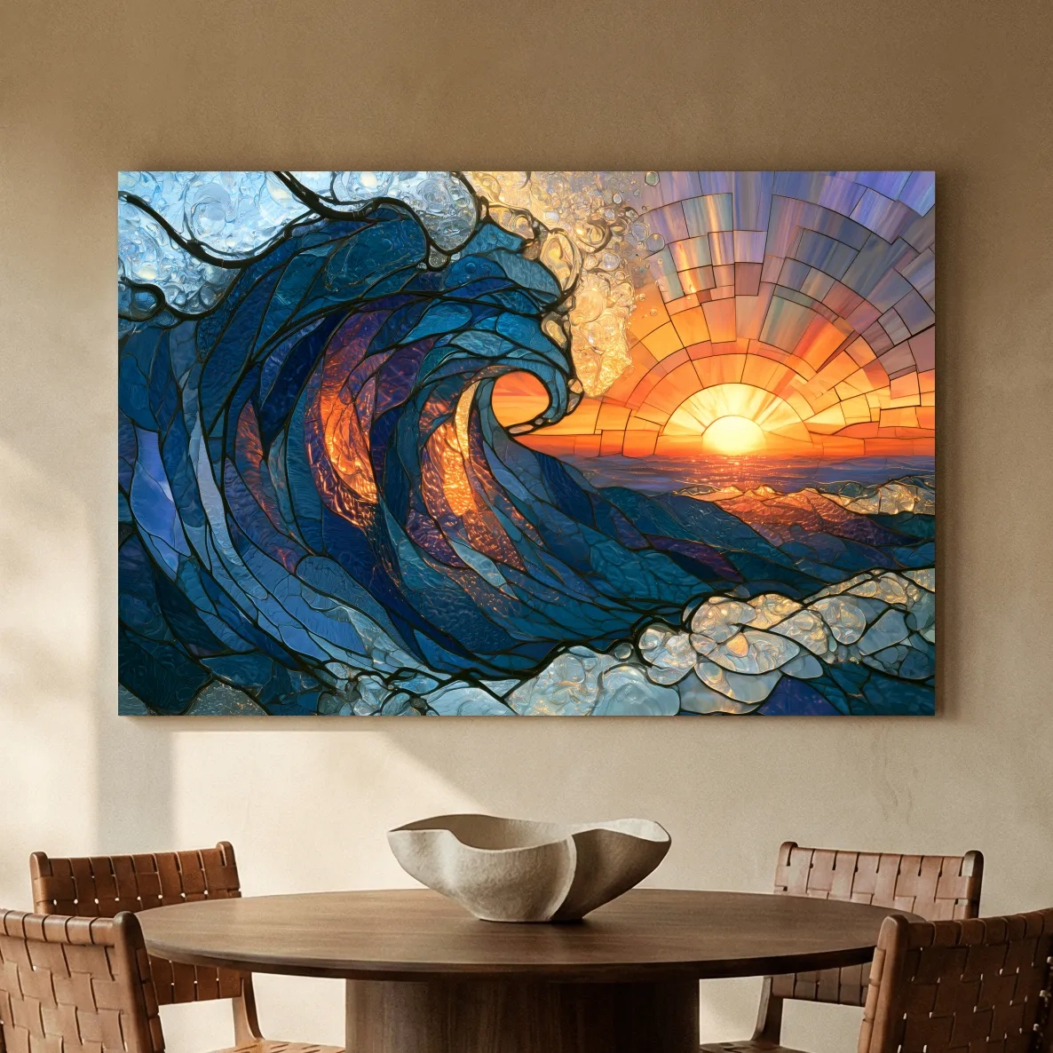 Stained Glass Crashing Wave Sunset - Mosaic Ocean Wall Art