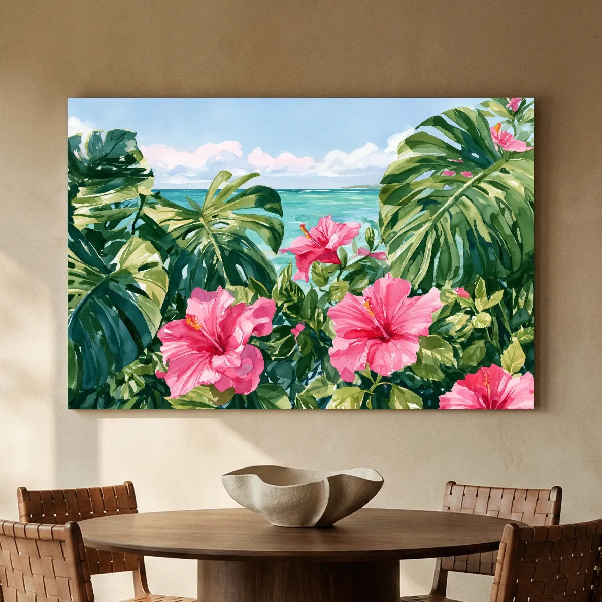 Tropical Monstera Hibiscus Watercolour - Botanical Beach Wall Art