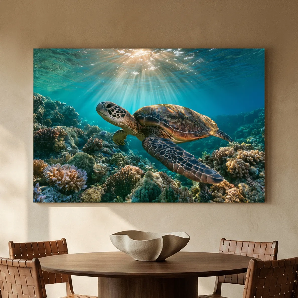 Sunlit Sea Turtle Coral Reef - Underwater Marine Life Photographic Artwork