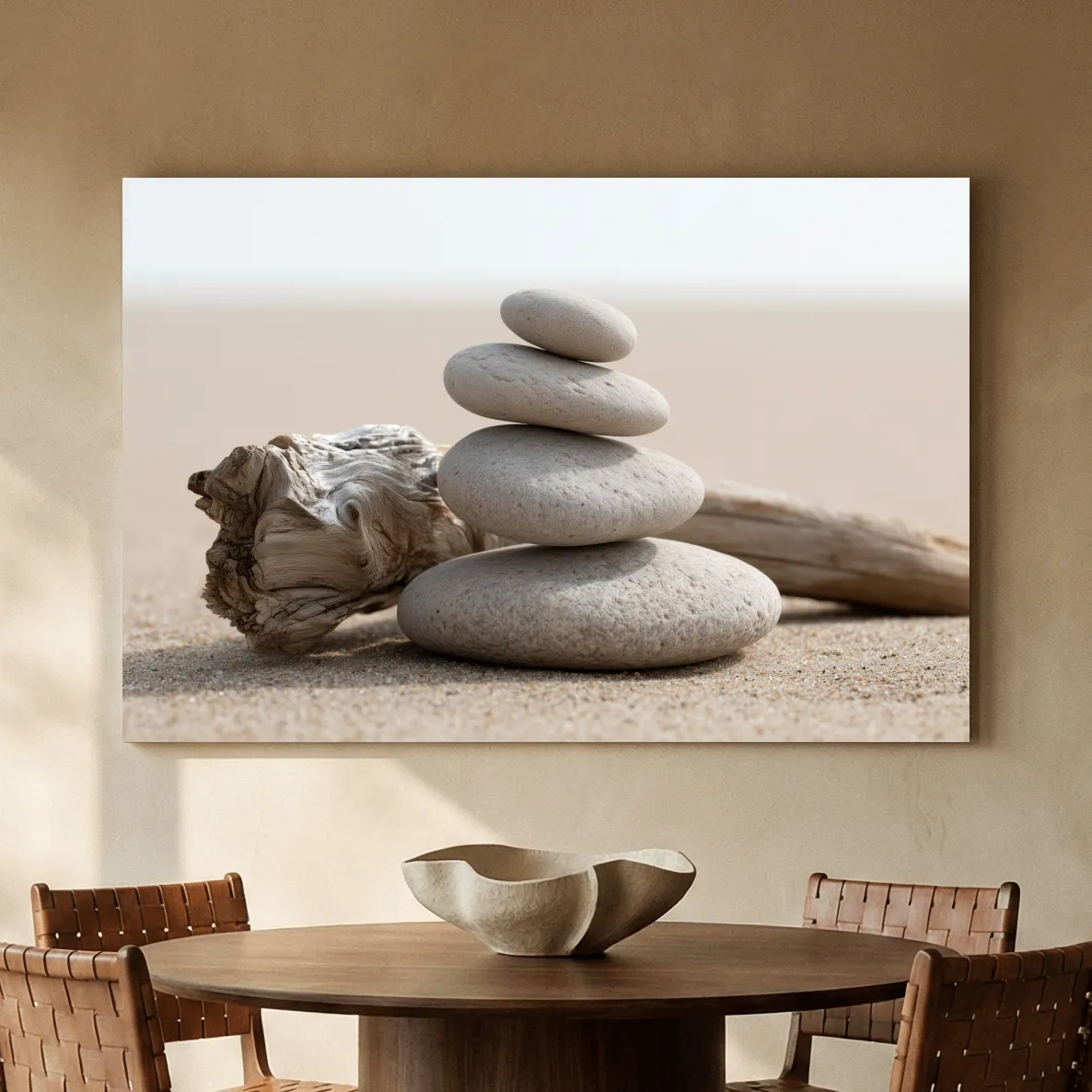 Balanced Pebble Cairn With Driftwood - Minimalist Beach Photographic Wall Art
