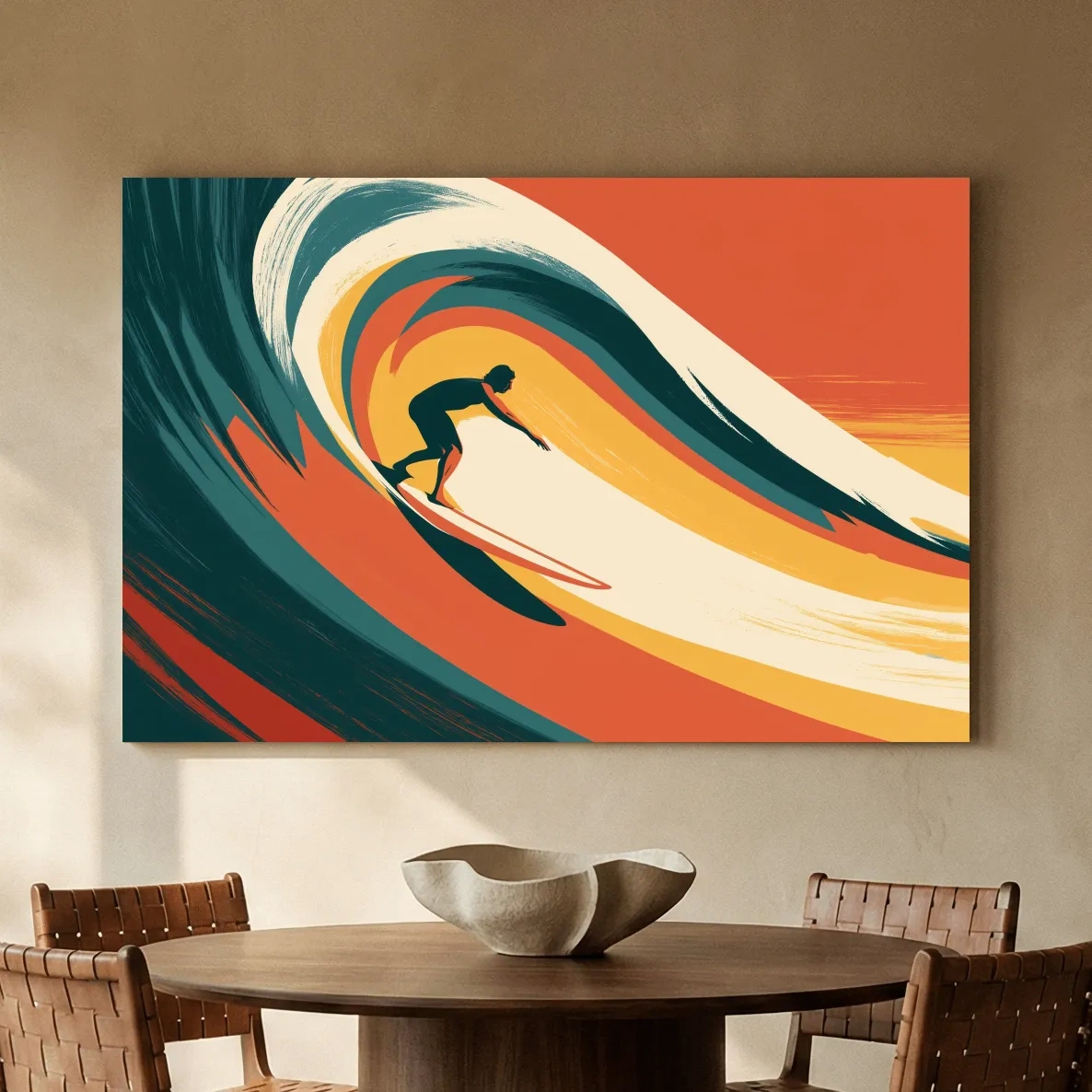 Mid-Century Surfer Riding Wave - Retro Vector Ocean Wall Art