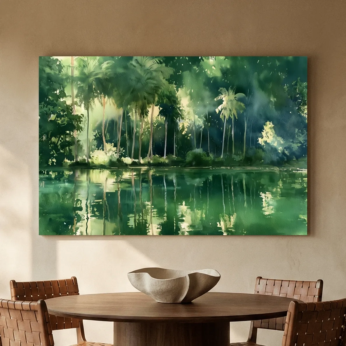 Tropical Palm Lagoon Watercolour - Lush Island Landscape Wall Art