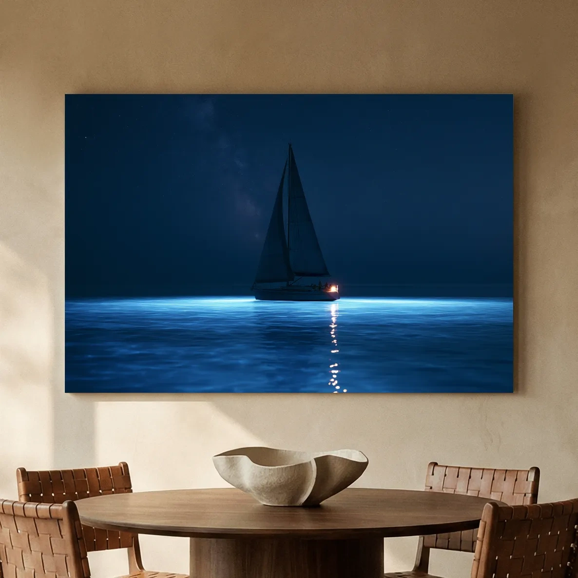 Moonlit Sailboat Silhouette - Surreal Photographic Ocean Wall Art