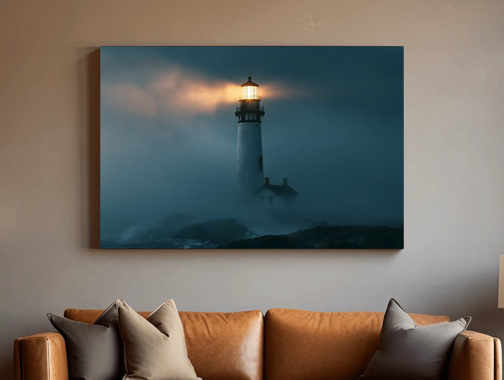 Misty Lighthouse at Dusk - Dramatic Photographic Coastal Wall Art